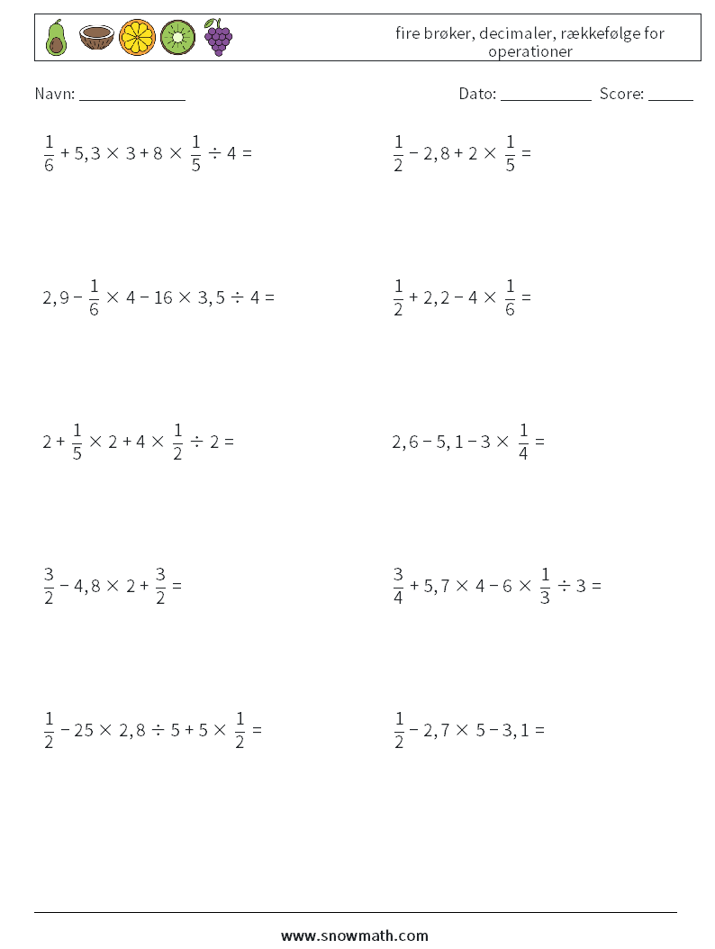 (10) fire brøker, decimaler, rækkefølge for operationer Matematiske regneark 6