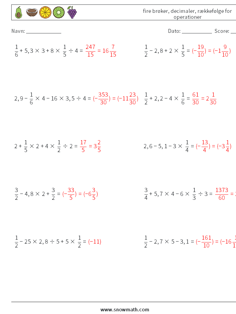 (10) fire brøker, decimaler, rækkefølge for operationer Matematiske regneark 6 Spørgsmål, svar