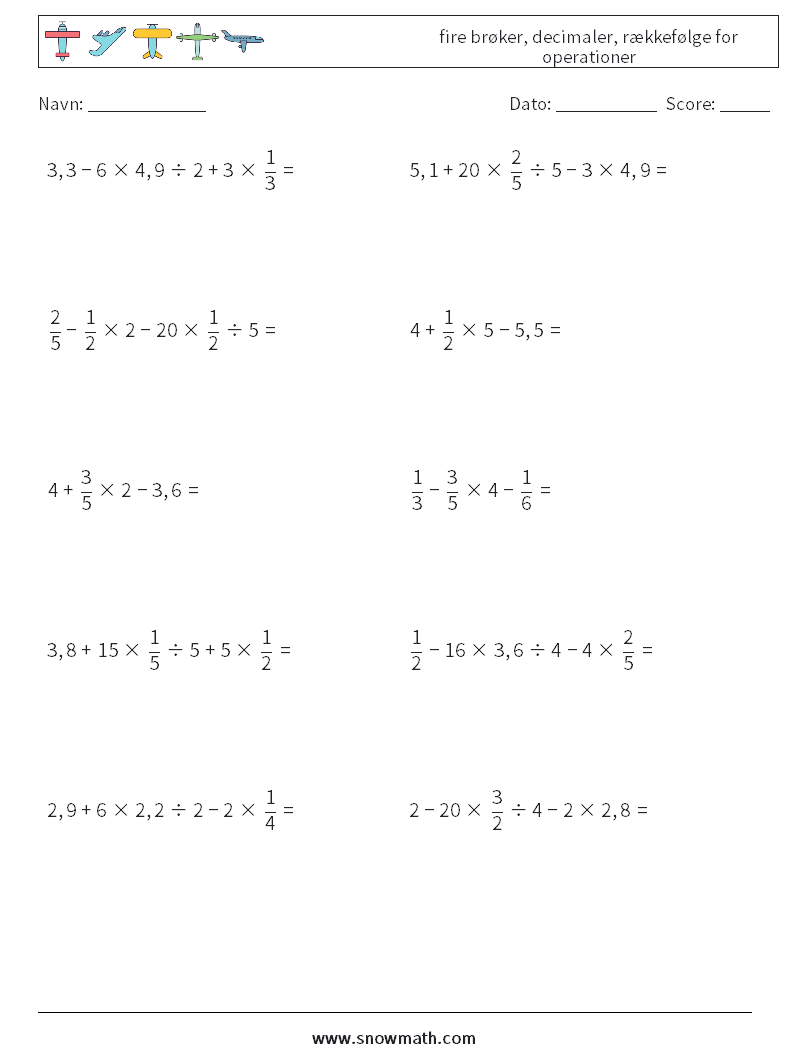 (10) fire brøker, decimaler, rækkefølge for operationer Matematiske regneark 7