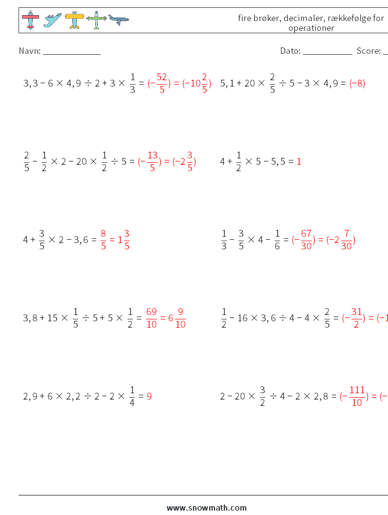 (10) fire brøker, decimaler, rækkefølge for operationer Matematiske regneark 7 Spørgsmål, svar