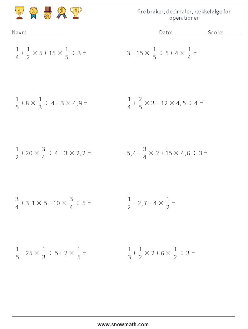 (10) fire brøker, decimaler, rækkefølge for operationer Matematiske regneark 8