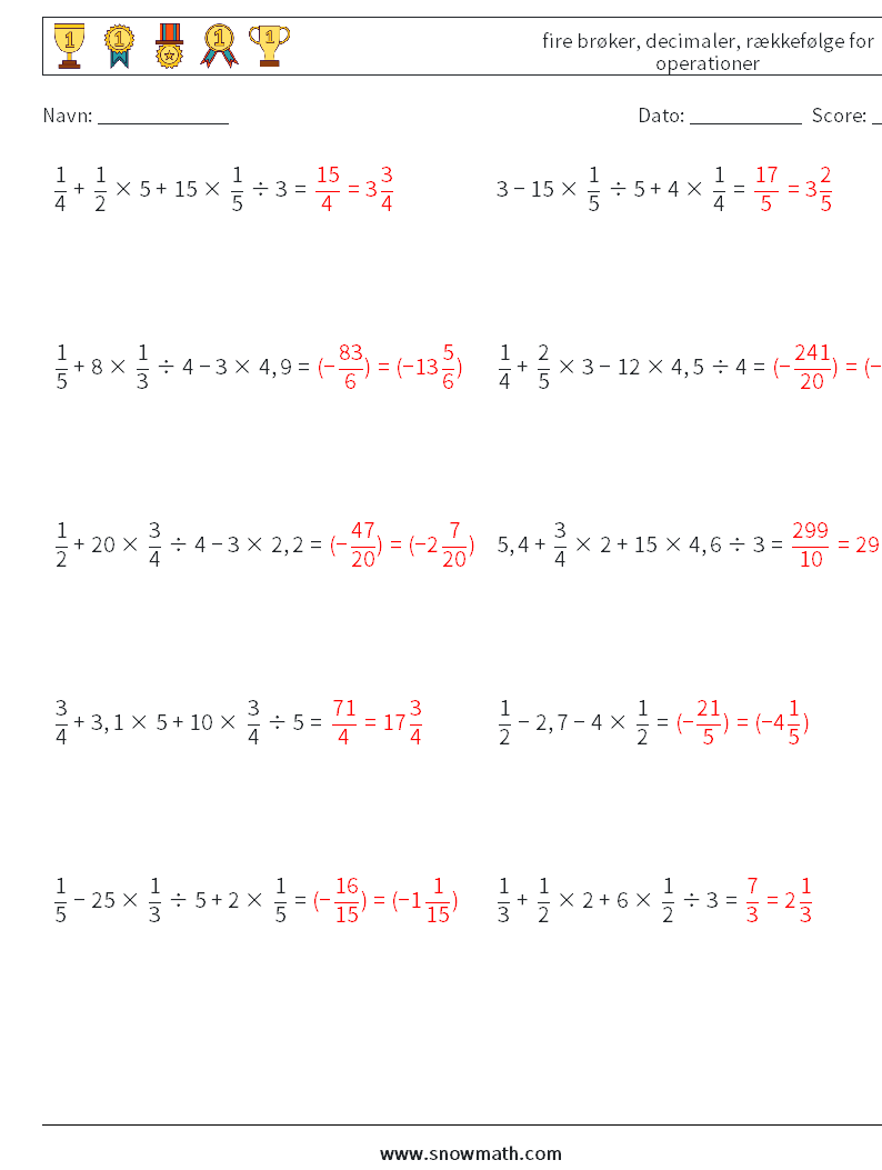 (10) fire brøker, decimaler, rækkefølge for operationer Matematiske regneark 8 Spørgsmål, svar
