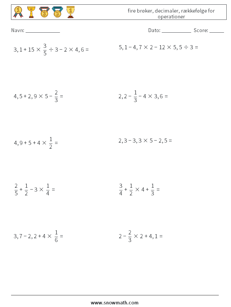 (10) fire brøker, decimaler, rækkefølge for operationer Matematiske regneark 9