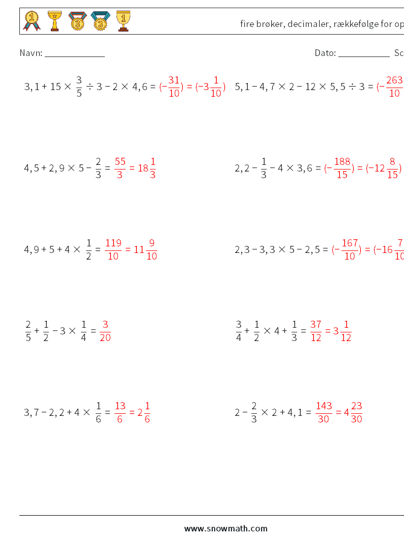 (10) fire brøker, decimaler, rækkefølge for operationer Matematiske regneark 9 Spørgsmål, svar