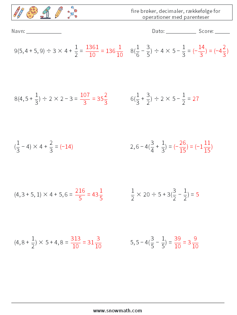 (10) fire brøker, decimaler, rækkefølge for operationer med parenteser Matematiske regneark 10 Spørgsmål, svar
