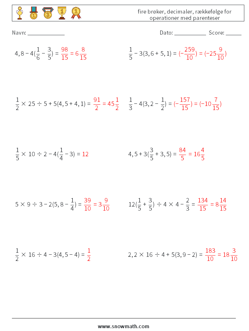 (10) fire brøker, decimaler, rækkefølge for operationer med parenteser Matematiske regneark 12 Spørgsmål, svar