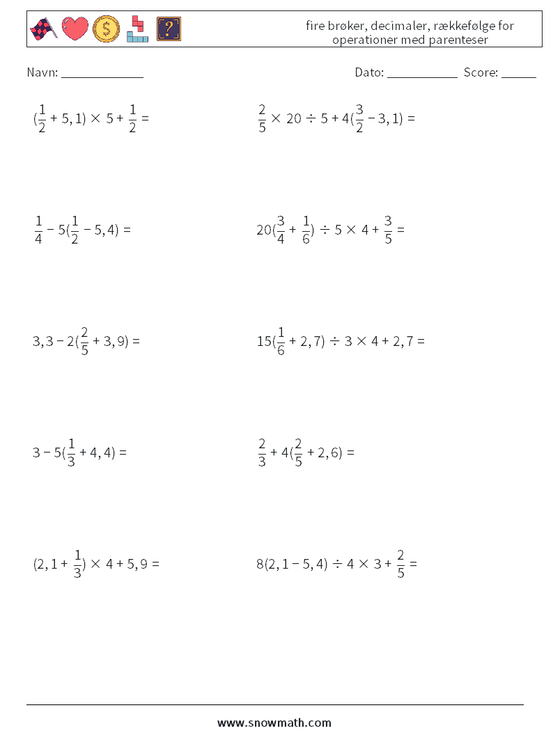 (10) fire brøker, decimaler, rækkefølge for operationer med parenteser Matematiske regneark 13