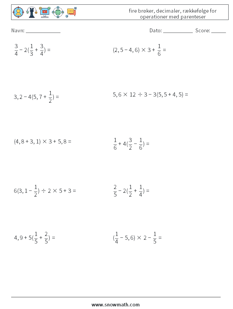 (10) fire brøker, decimaler, rækkefølge for operationer med parenteser Matematiske regneark 15