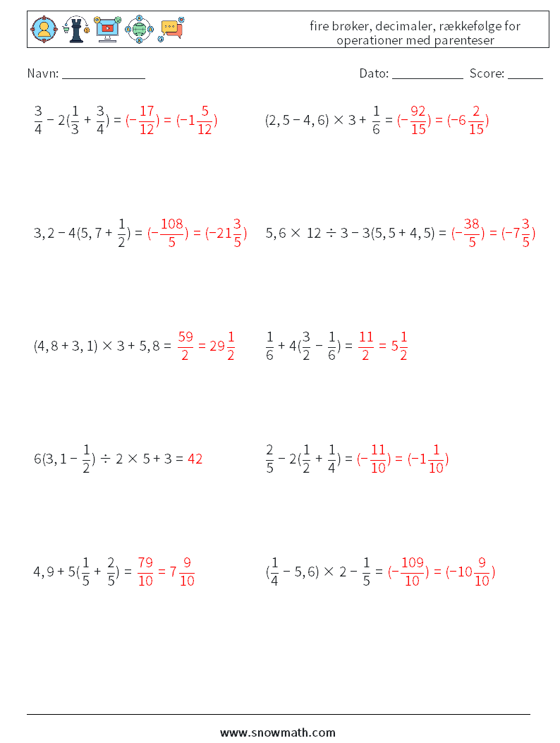 (10) fire brøker, decimaler, rækkefølge for operationer med parenteser Matematiske regneark 15 Spørgsmål, svar