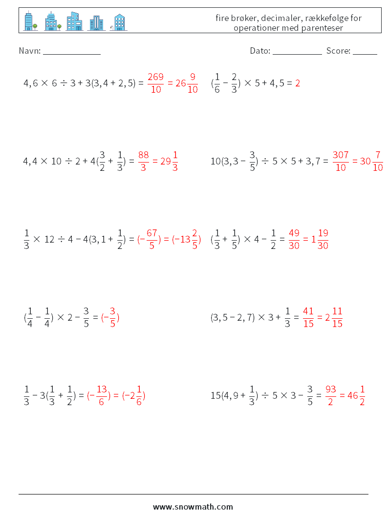 (10) fire brøker, decimaler, rækkefølge for operationer med parenteser Matematiske regneark 16 Spørgsmål, svar