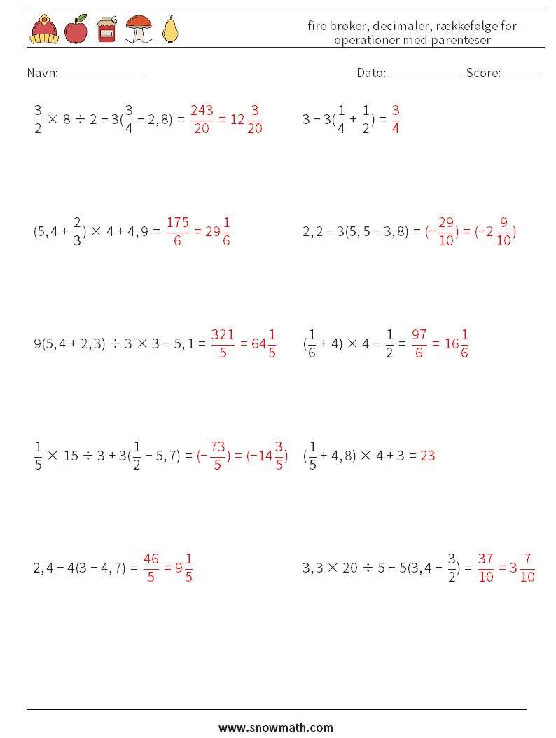 (10) fire brøker, decimaler, rækkefølge for operationer med parenteser Matematiske regneark 17 Spørgsmål, svar