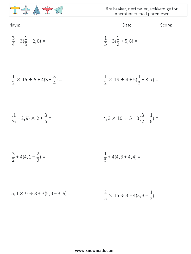 (10) fire brøker, decimaler, rækkefølge for operationer med parenteser Matematiske regneark 18