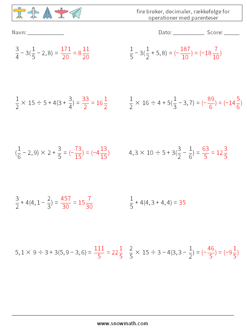 (10) fire brøker, decimaler, rækkefølge for operationer med parenteser Matematiske regneark 18 Spørgsmål, svar