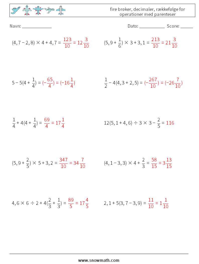 (10) fire brøker, decimaler, rækkefølge for operationer med parenteser Matematiske regneark 1 Spørgsmål, svar