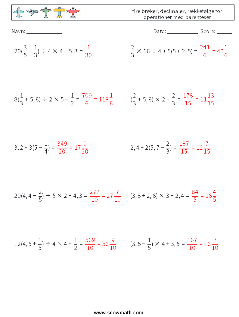 (10) fire brøker, decimaler, rækkefølge for operationer med parenteser Matematiske regneark 2 Spørgsmål, svar