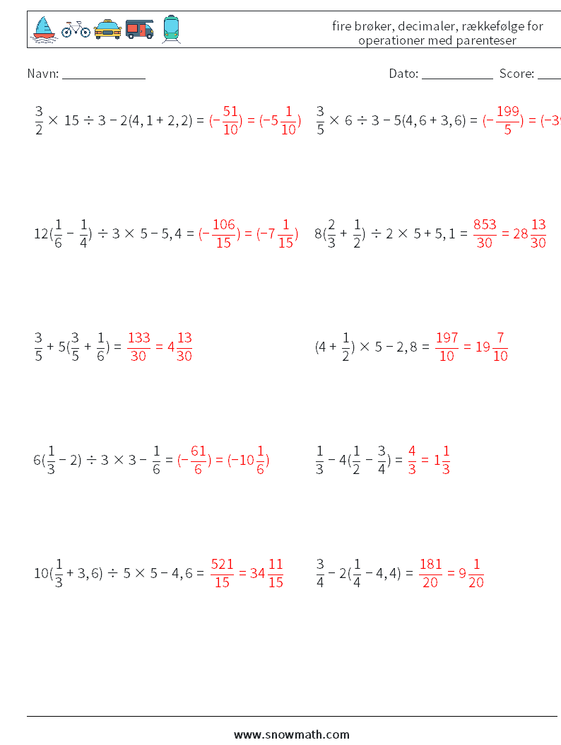 (10) fire brøker, decimaler, rækkefølge for operationer med parenteser Matematiske regneark 3 Spørgsmål, svar