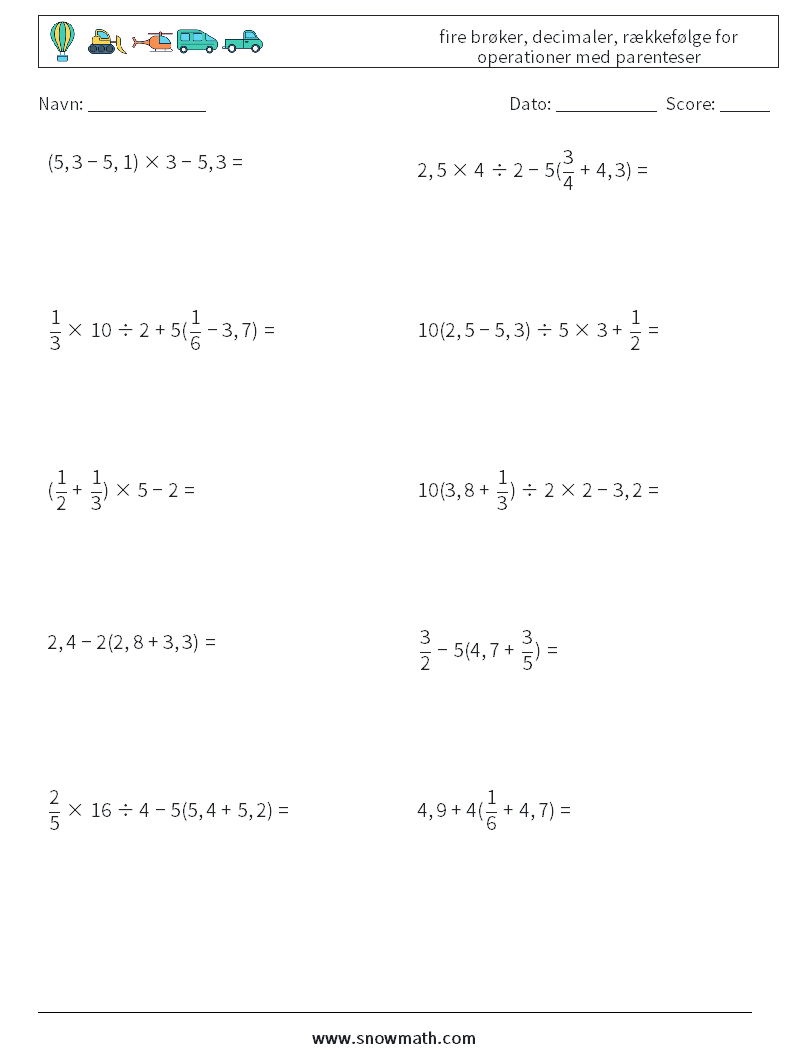(10) fire brøker, decimaler, rækkefølge for operationer med parenteser Matematiske regneark 5