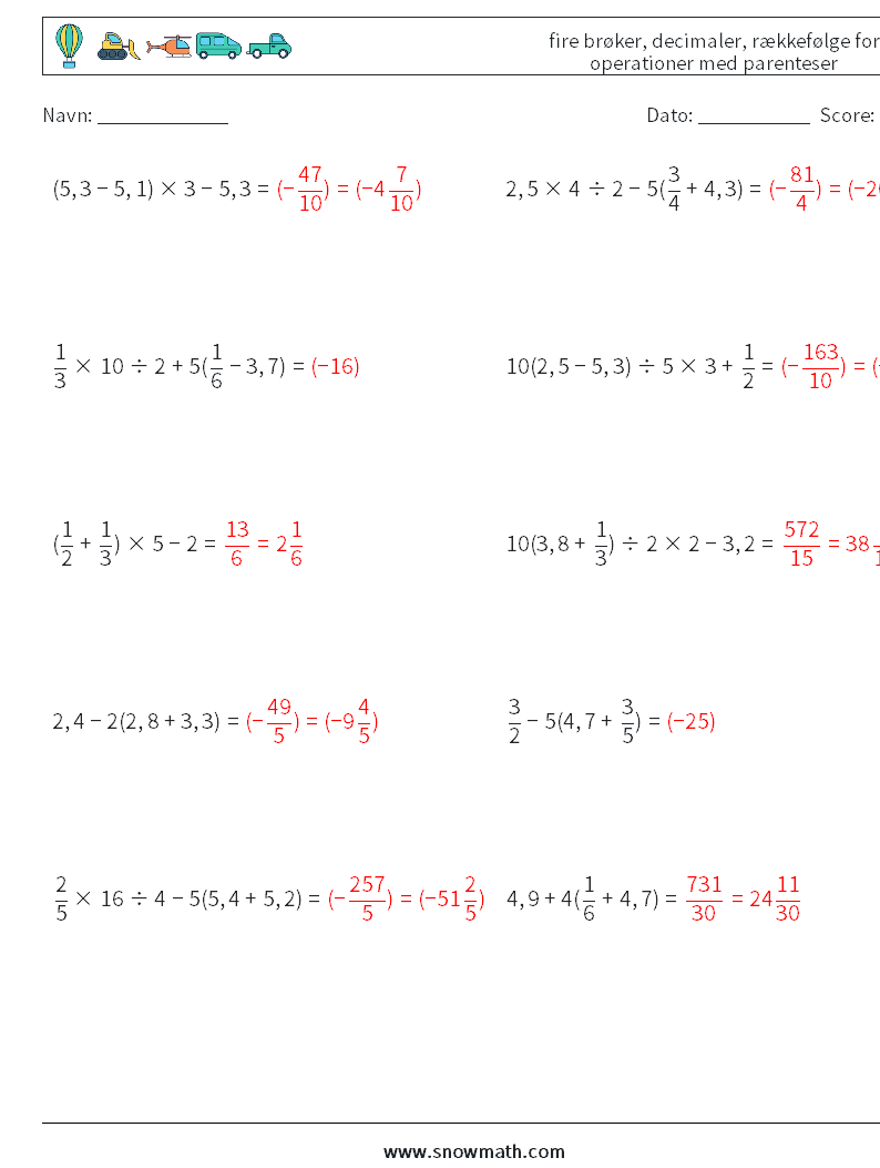 (10) fire brøker, decimaler, rækkefølge for operationer med parenteser Matematiske regneark 5 Spørgsmål, svar