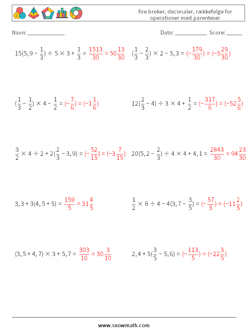 (10) fire brøker, decimaler, rækkefølge for operationer med parenteser Matematiske regneark 6 Spørgsmål, svar