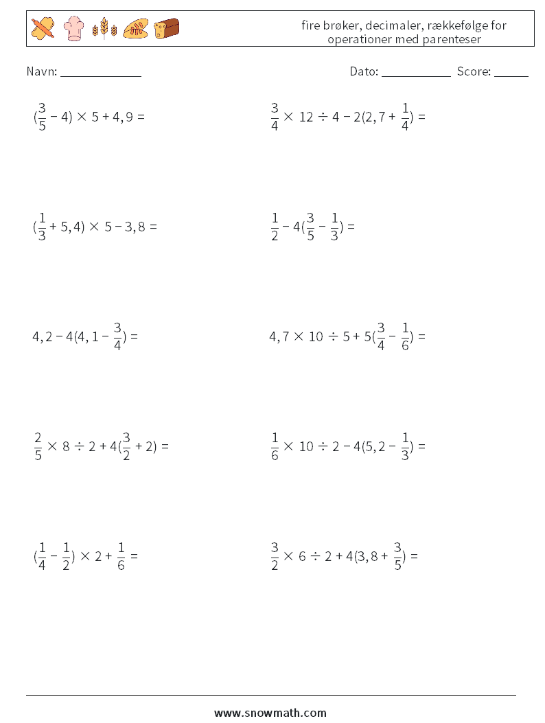 (10) fire brøker, decimaler, rækkefølge for operationer med parenteser Matematiske regneark 8