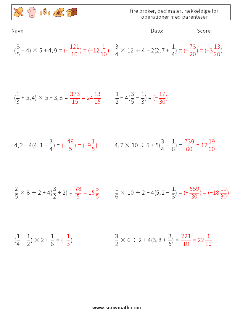 (10) fire brøker, decimaler, rækkefølge for operationer med parenteser Matematiske regneark 8 Spørgsmål, svar