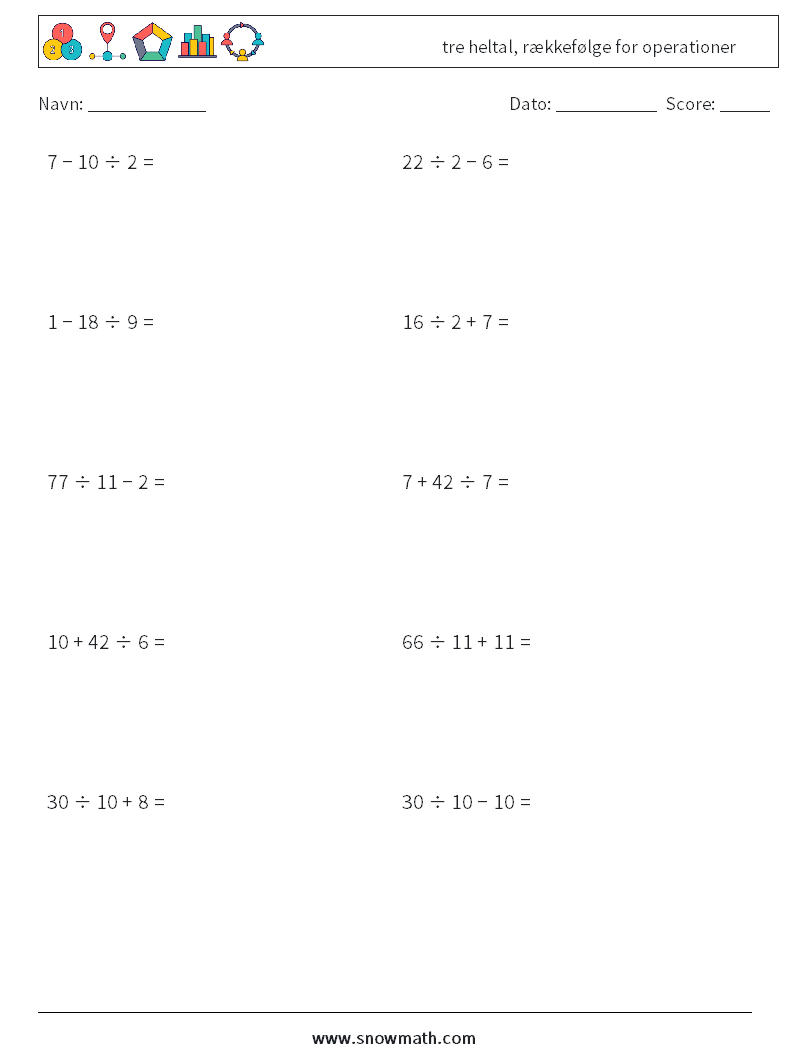 (10) tre heltal, rækkefølge for operationer Matematiske regneark 1