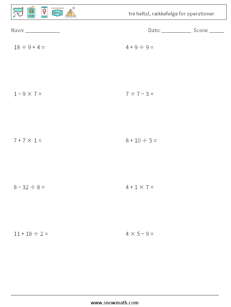 (10) tre heltal, rækkefølge for operationer Matematiske regneark 11