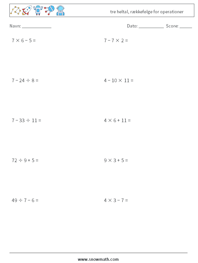(10) tre heltal, rækkefølge for operationer Matematiske regneark 12