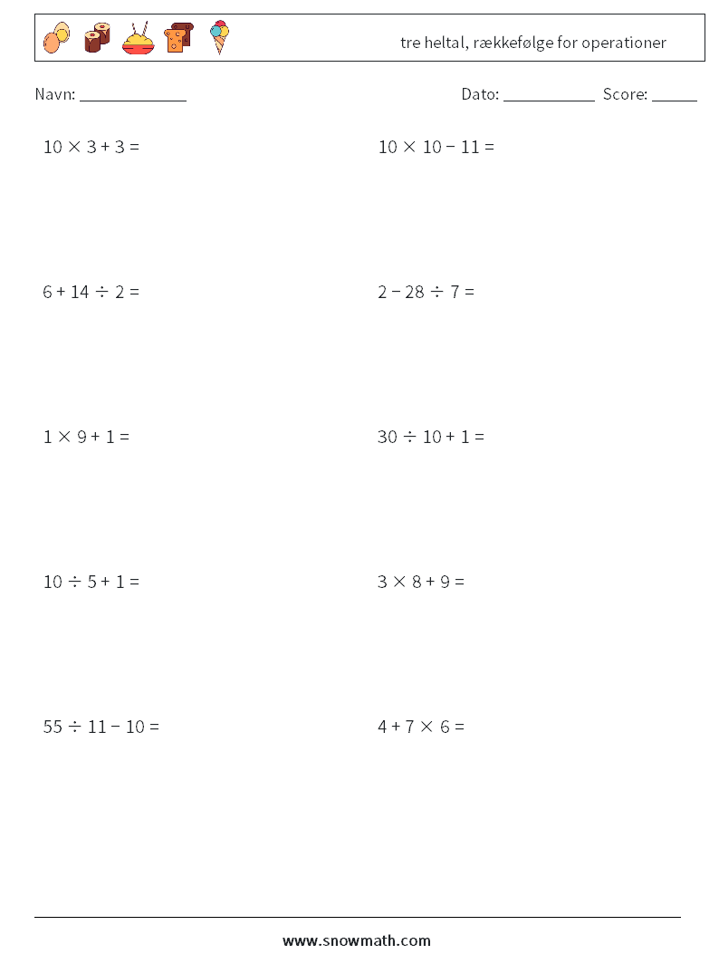 (10) tre heltal, rækkefølge for operationer Matematiske regneark 13