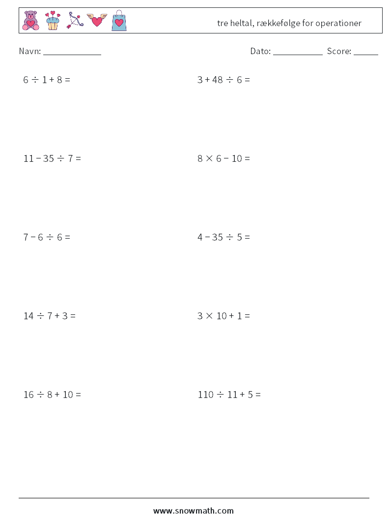 (10) tre heltal, rækkefølge for operationer Matematiske regneark 16