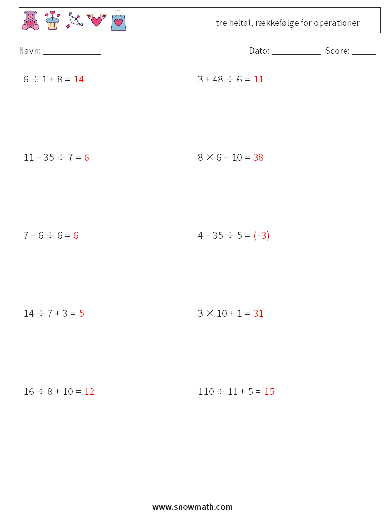 (10) tre heltal, rækkefølge for operationer Matematiske regneark 16 Spørgsmål, svar