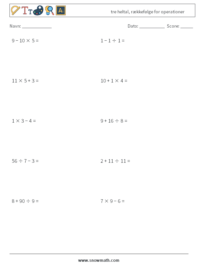 (10) tre heltal, rækkefølge for operationer Matematiske regneark 17