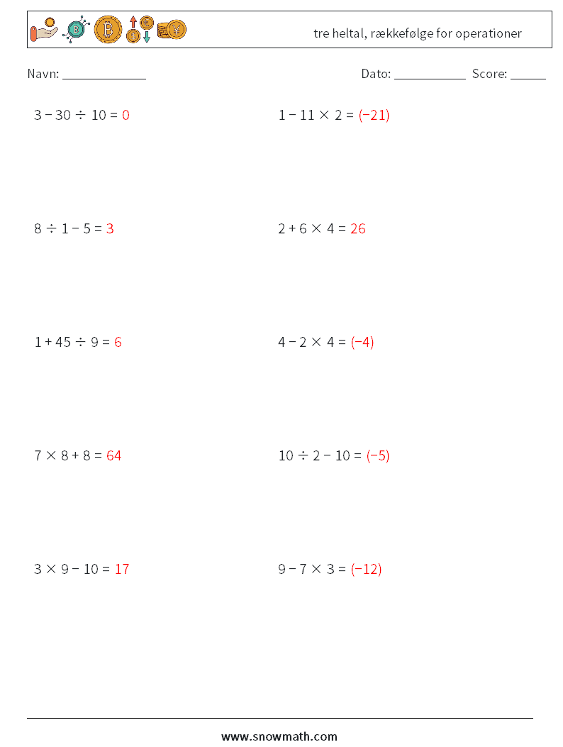 (10) tre heltal, rækkefølge for operationer Matematiske regneark 18 Spørgsmål, svar