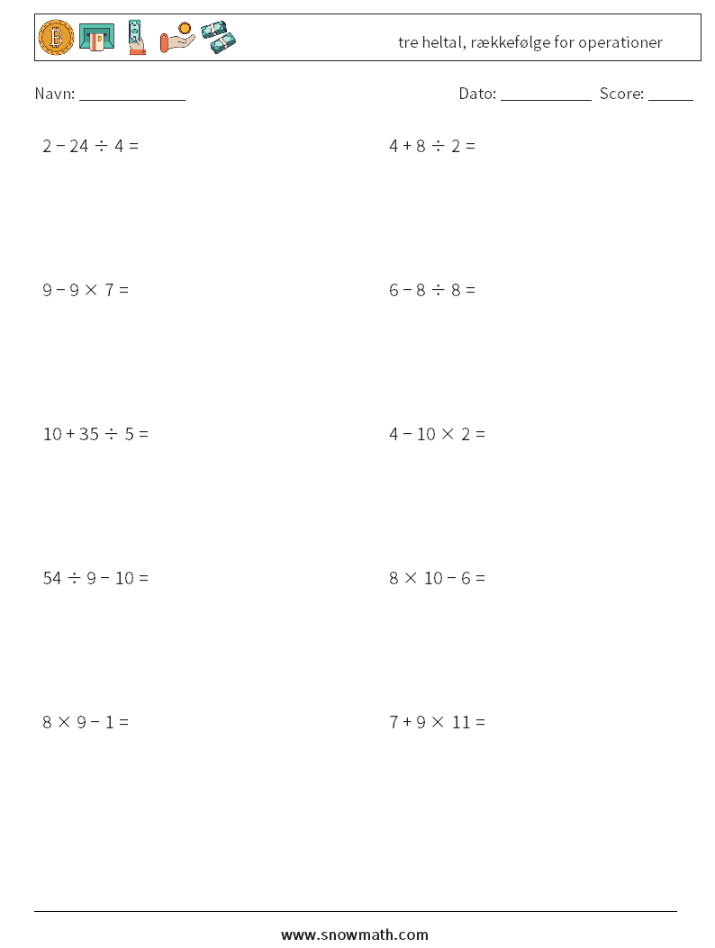 (10) tre heltal, rækkefølge for operationer Matematiske regneark 2