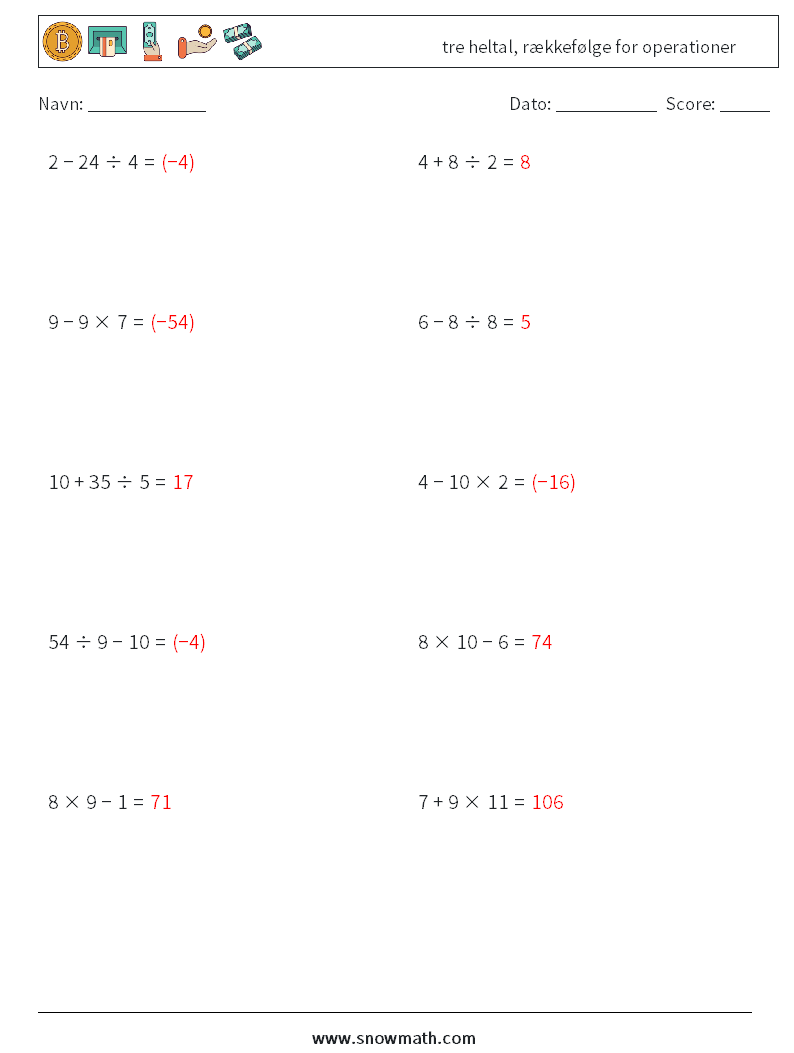 (10) tre heltal, rækkefølge for operationer Matematiske regneark 2 Spørgsmål, svar