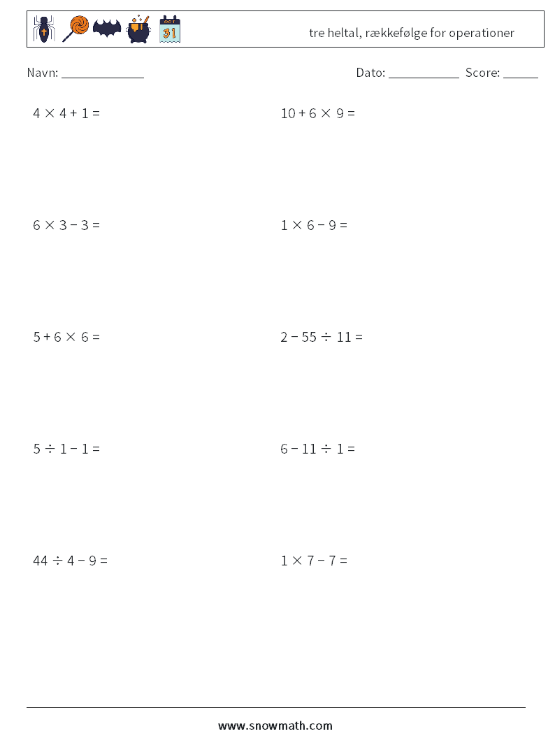 (10) tre heltal, rækkefølge for operationer Matematiske regneark 3