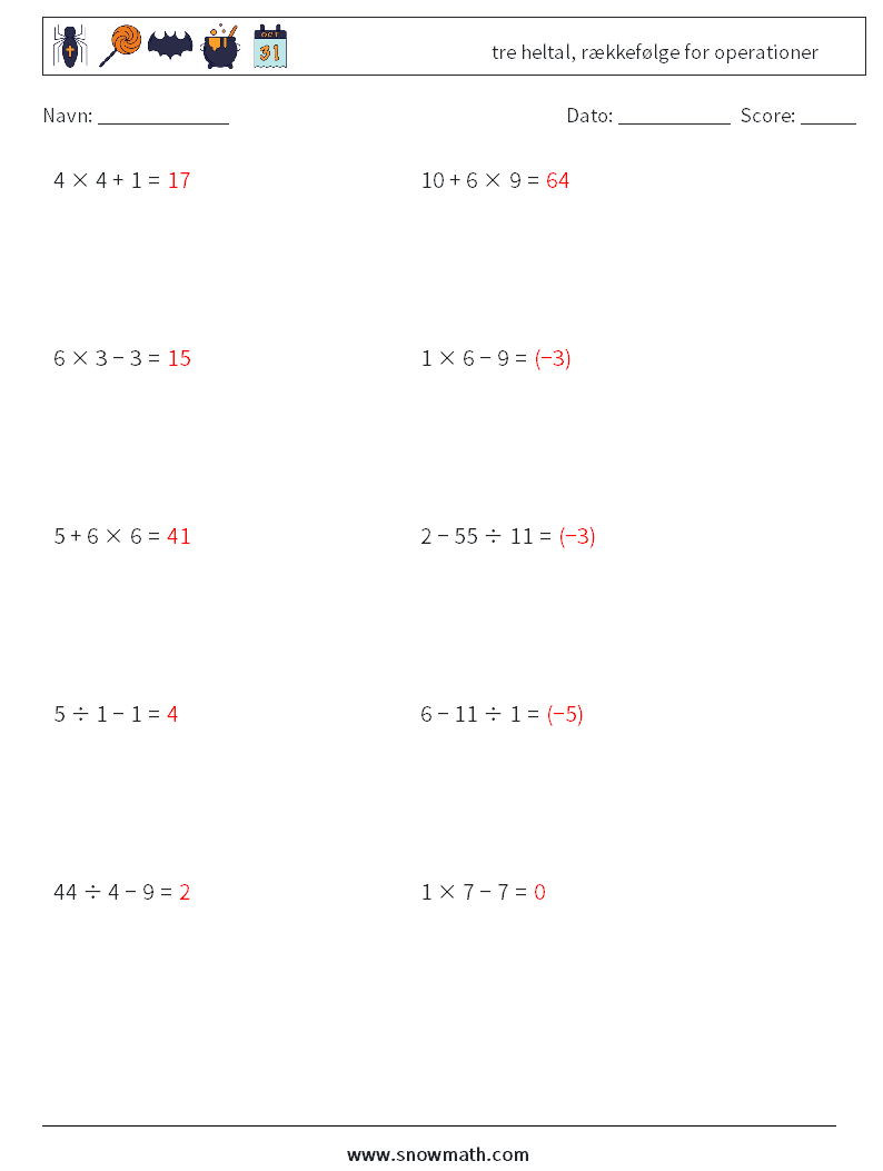 (10) tre heltal, rækkefølge for operationer Matematiske regneark 3 Spørgsmål, svar
