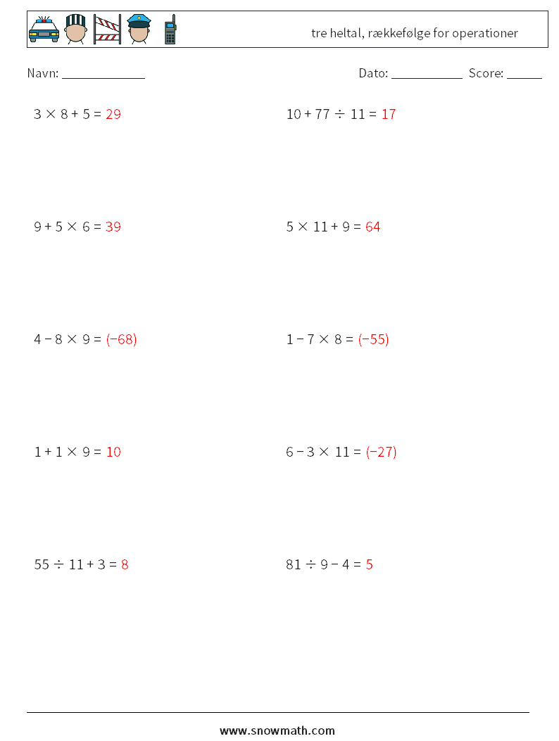(10) tre heltal, rækkefølge for operationer Matematiske regneark 4 Spørgsmål, svar