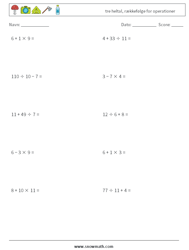 (10) tre heltal, rækkefølge for operationer Matematiske regneark 5
