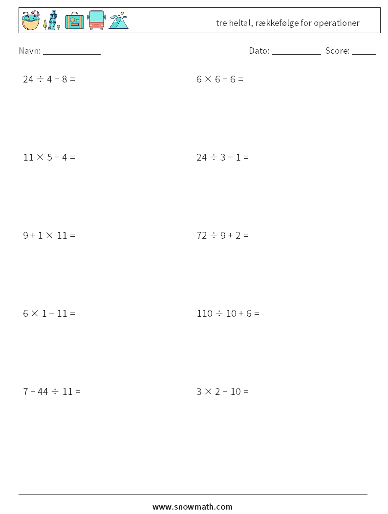 (10) tre heltal, rækkefølge for operationer Matematiske regneark 6