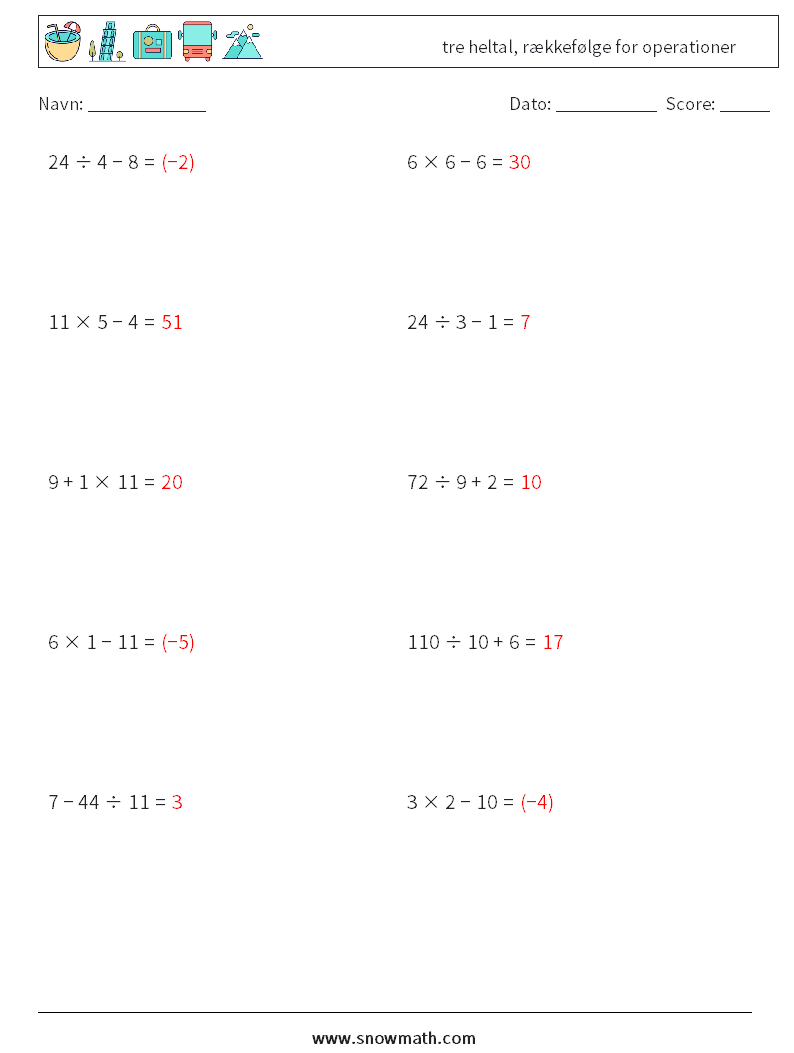 (10) tre heltal, rækkefølge for operationer Matematiske regneark 6 Spørgsmål, svar