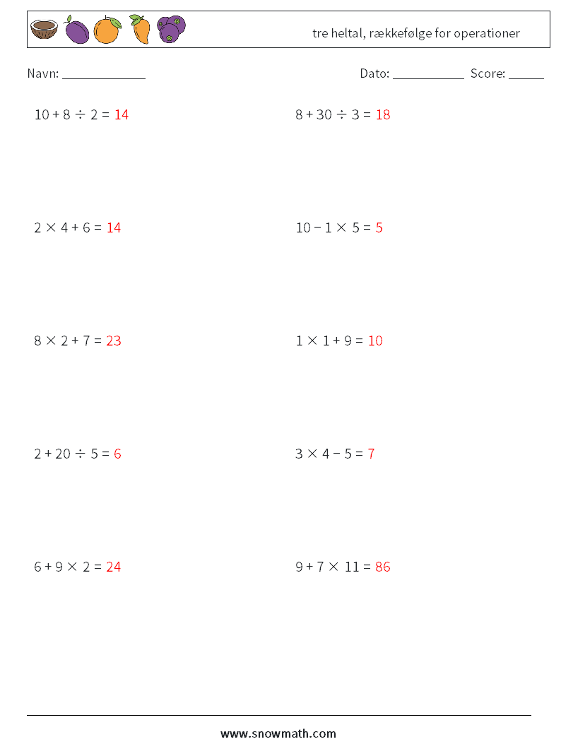(10) tre heltal, rækkefølge for operationer Matematiske regneark 7 Spørgsmål, svar