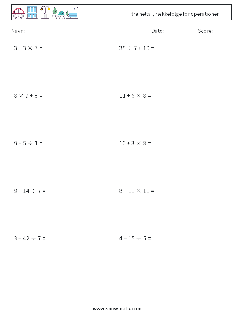 (10) tre heltal, rækkefølge for operationer Matematiske regneark 8