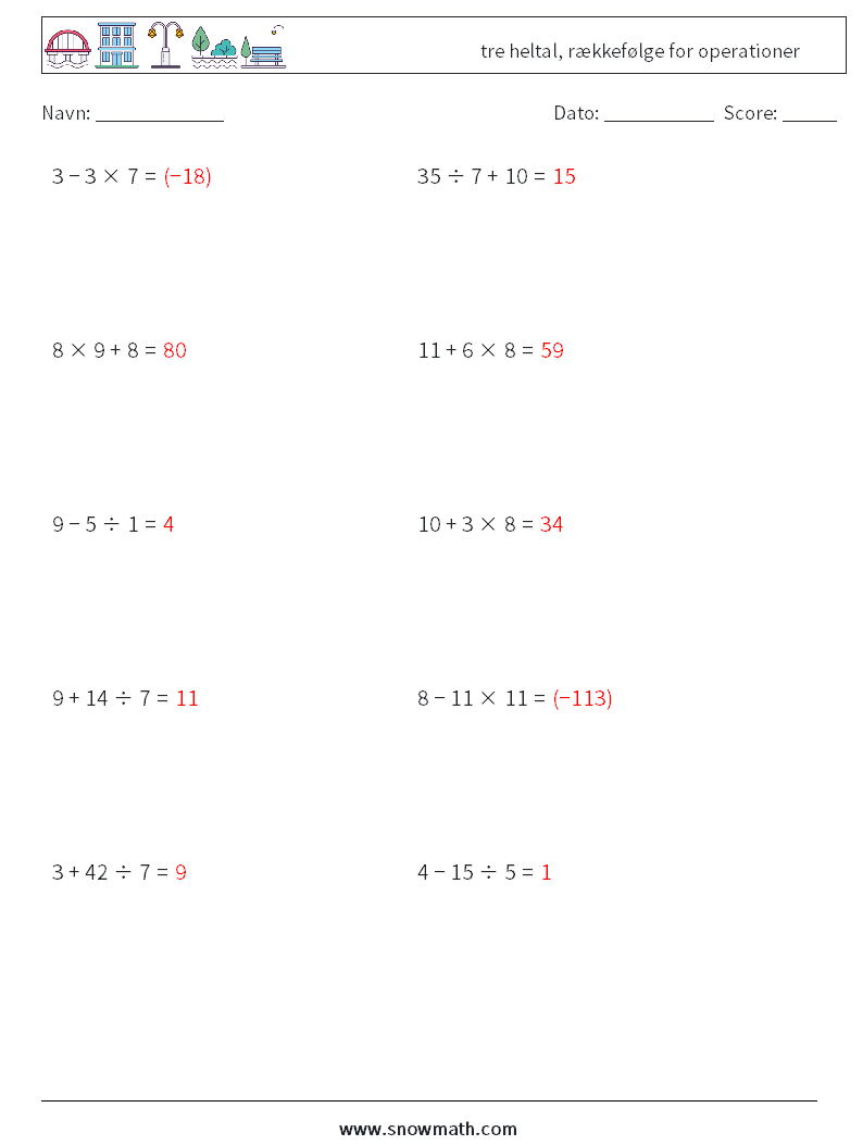 (10) tre heltal, rækkefølge for operationer Matematiske regneark 8 Spørgsmål, svar