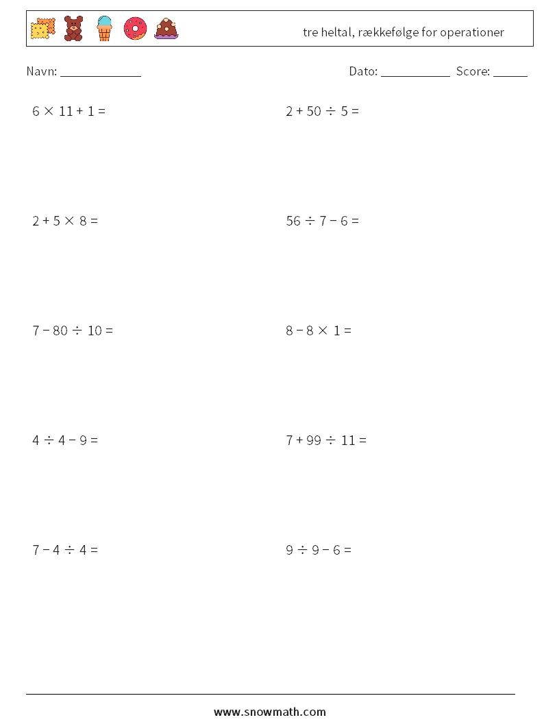 (10) tre heltal, rækkefølge for operationer Matematiske regneark 9