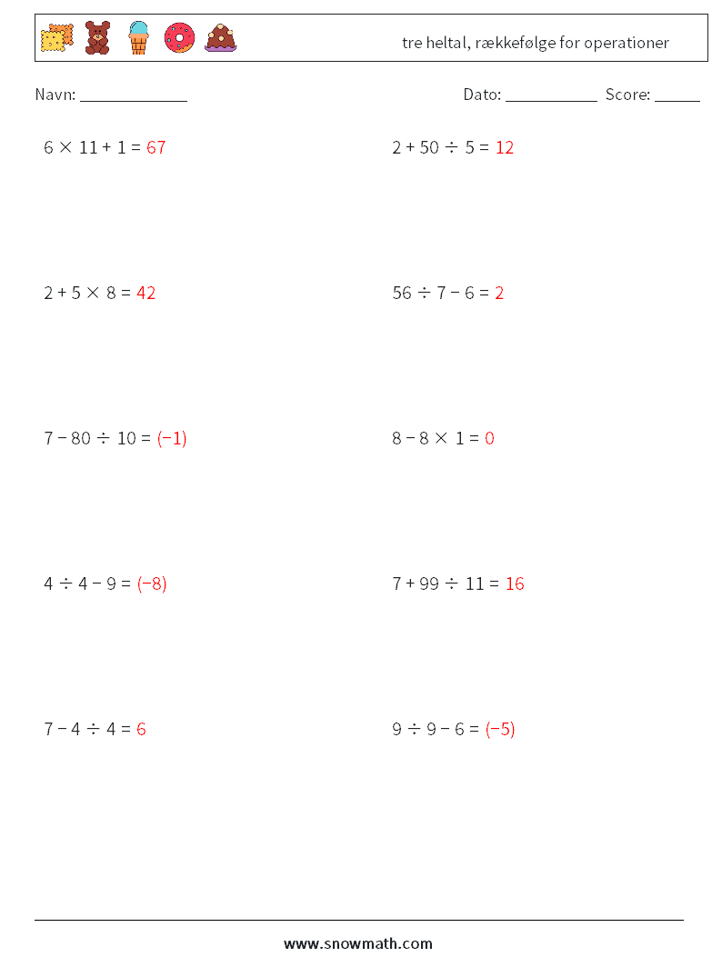 (10) tre heltal, rækkefølge for operationer Matematiske regneark 9 Spørgsmål, svar