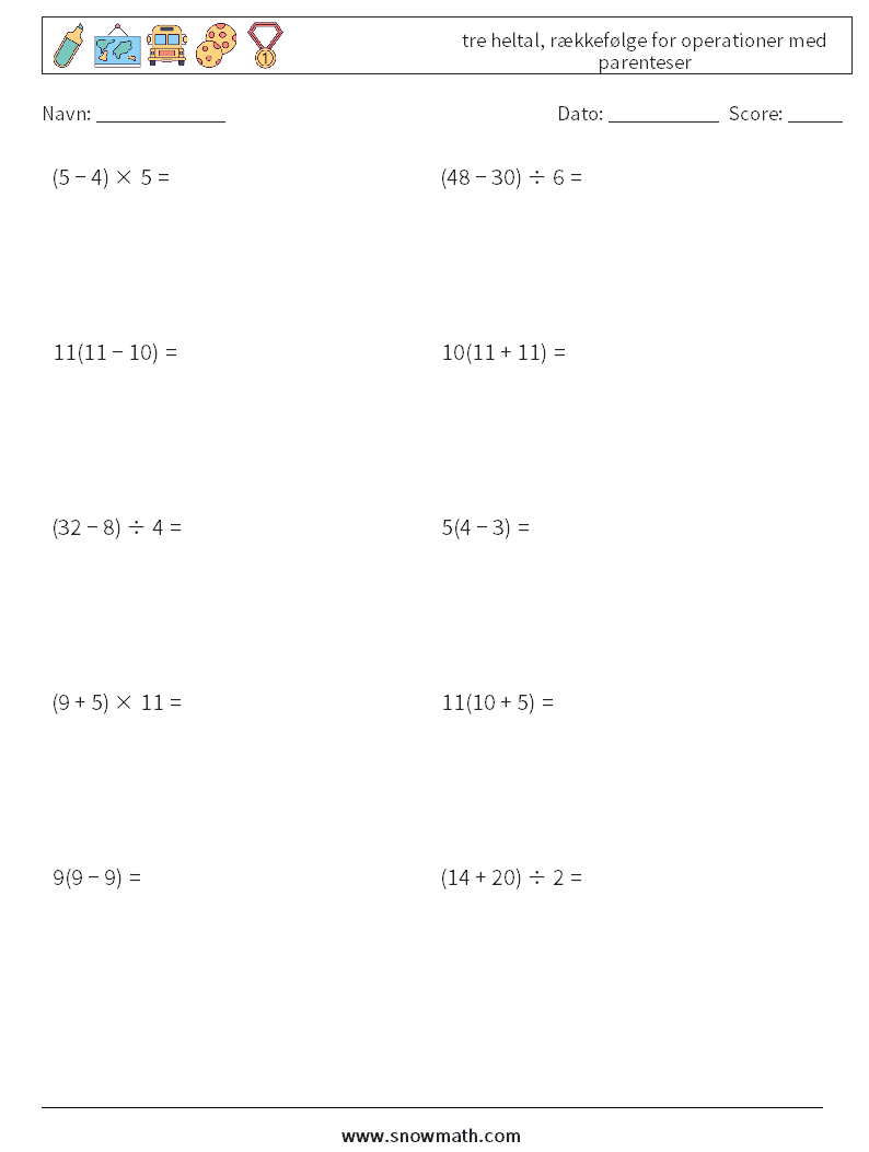 (10) tre heltal, rækkefølge for operationer med parenteser Matematiske regneark 12
