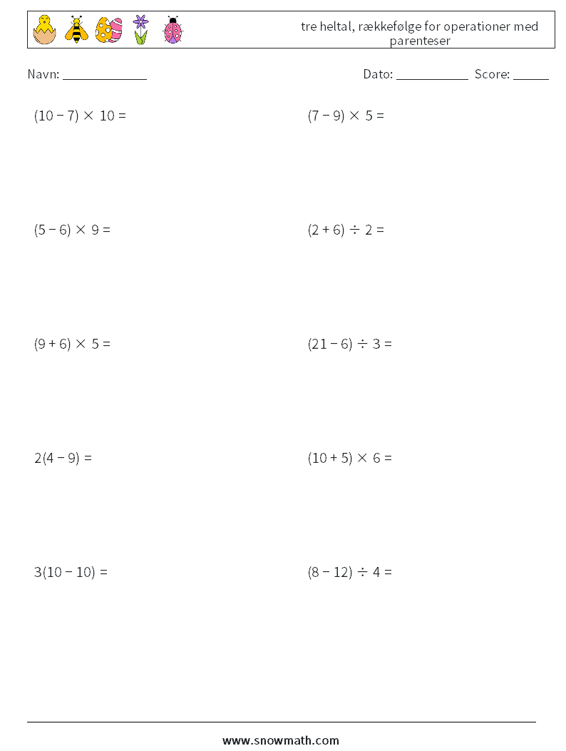 (10) tre heltal, rækkefølge for operationer med parenteser Matematiske regneark 15