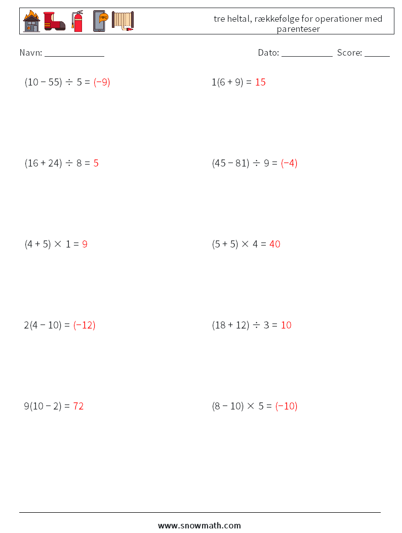 (10) tre heltal, rækkefølge for operationer med parenteser Matematiske regneark 16 Spørgsmål, svar