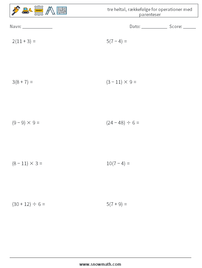 (10) tre heltal, rækkefølge for operationer med parenteser Matematiske regneark 18